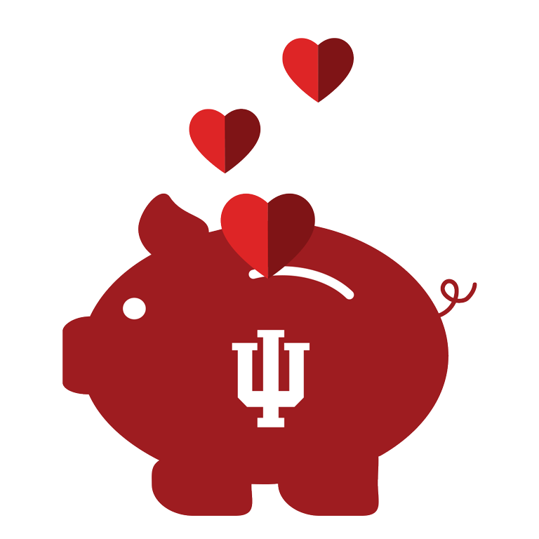 An infographic of an IU branded Piggy bank and three hearts.